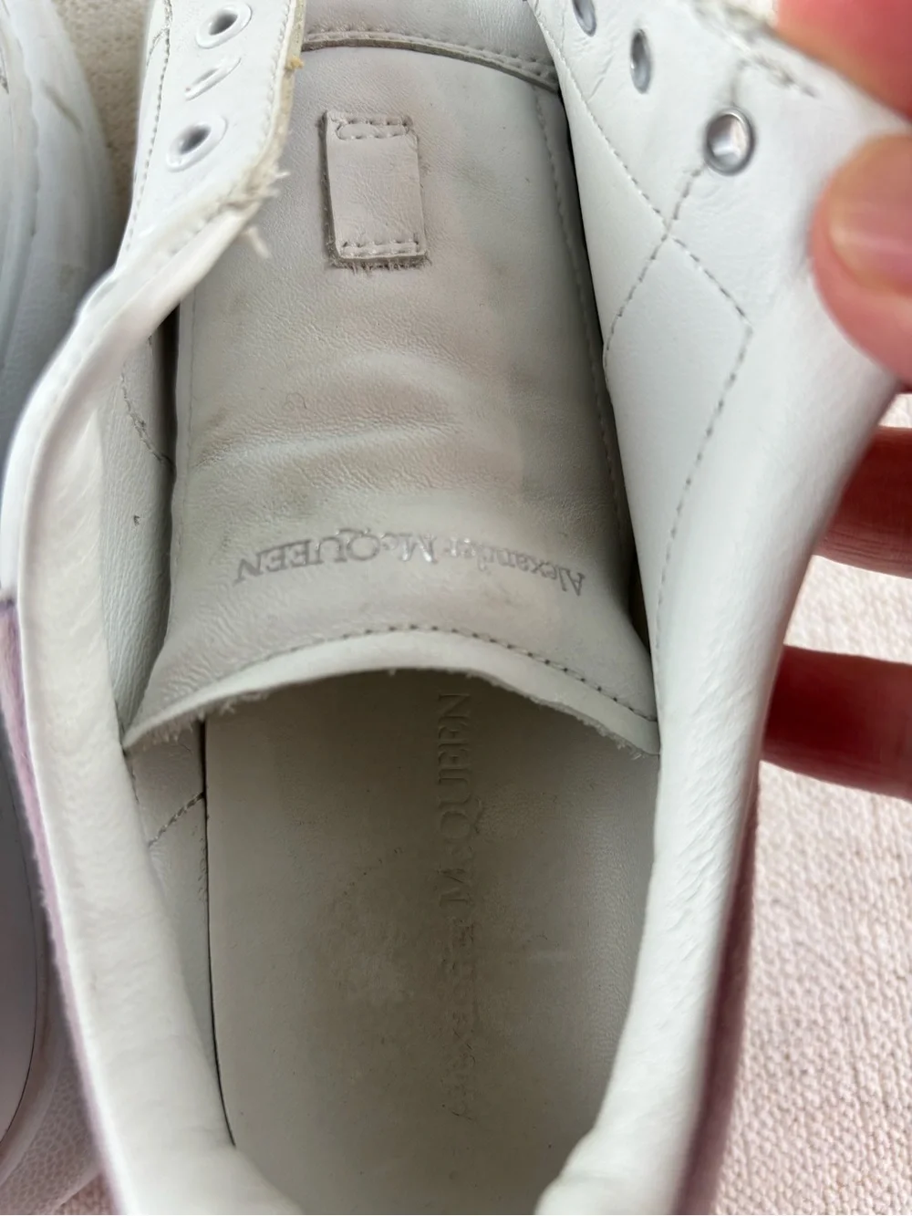 Alexander McQueen girl’s 1.5 White Leather Sneakers with Lavender Heel Tab